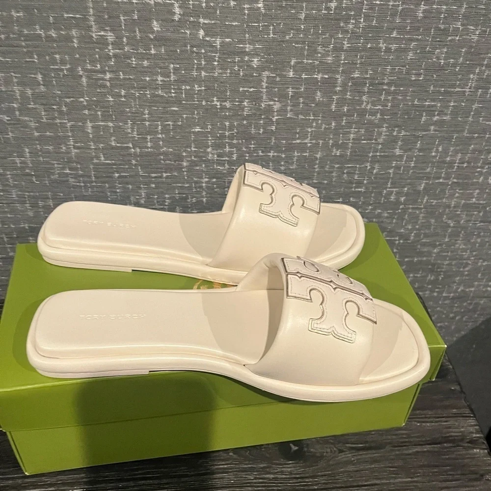 NIB TORY BURCH DOUBLE T SPORT LOGO SLIDE SHOE light cream gold 7.5